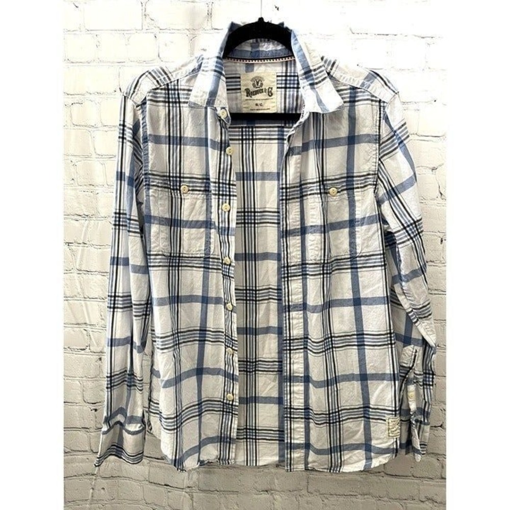 Roebuck & Co Mens Small Blue White Plaid Long Sleeve Button Down Shirt Cotton